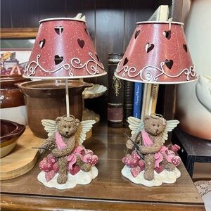 Charming Bear Angel Table Lamp Set - Brown and Pink